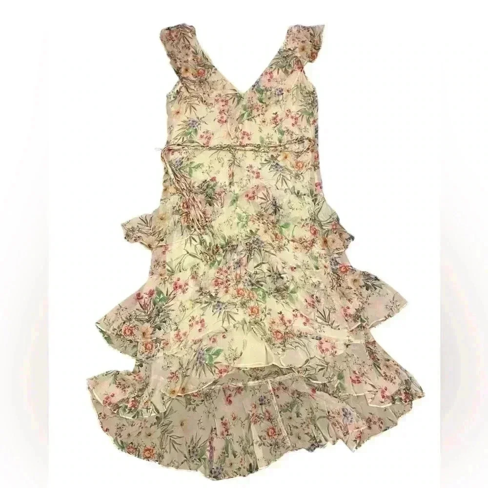Hale Bob Beautiful Tiered White Floral Dress With Braided Belt Size Xs
